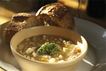 Pottage of beans, pearly barley and pheasant with green sauce