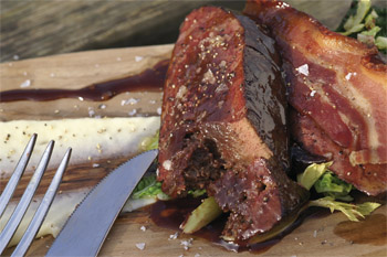 Seared roasted Roe liver or Calf's liver, with crisp bacon and buttered cabbage