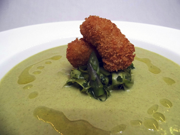 Recipe: Chilled asparagus velout&eacute; with shaved asparagus and crispy sweetbreads